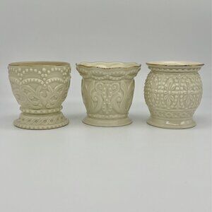 Vintage Lenox Fine Porcelain Beaded Votive Candle Holders Set of Three Gold Rims